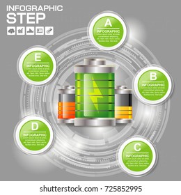 Circle With energy battery, Number and Information Text Design. 5 Options, Financial and Business Infographic with icons.