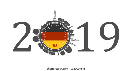 Circle with energy relative silhouettes. Design set of natural gas industry. Objects located around the manometer circle. 2019 year number. Flag of the Germany