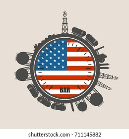 Circle with energy relative silhouettes. Design set of natural gas industry. Objects located around the manometer circle. Flag of the USA