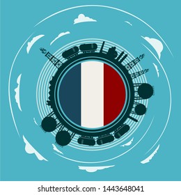 Circle with energy relative silhouettes. Objects located around circle. Flag of the France in the center of circle. Modern brochure, report or leaflet design template.