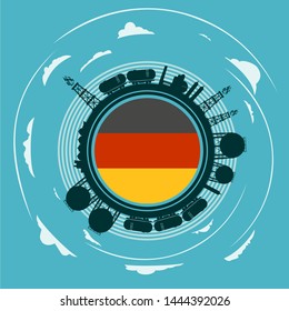 Circle with energy relative silhouettes. Objects located around circle. Flag of the Germany in the center of circle. Modern brochure, report or leaflet design template.