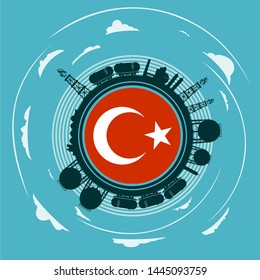 Circle with energy relative silhouettes. Objects located around circle. Flag of the Turkey in the center of circle. Modern brochure, report or leaflet design template.