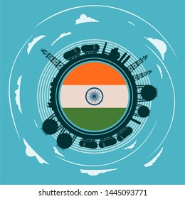 Circle with energy relative silhouettes. Objects located around circle. Flag of the India in the center of circle. Modern brochure, report or leaflet design template.