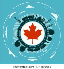 Circle with energy relative silhouettes. Objects located around circle. Flag of the Canada in the center of circle. Modern brochure, report or leaflet design template.