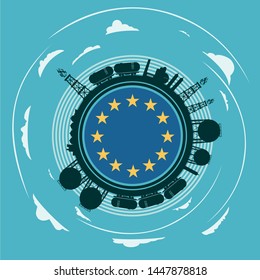 Circle with energy relative silhouettes. Objects located around circle. Flag of the European Union in the center of circle. Modern brochure, report or leaflet design template.
