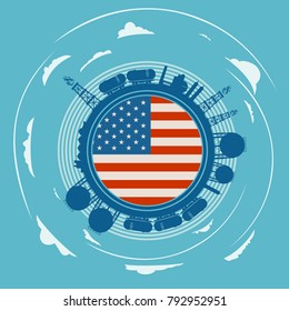 Circle with energy relative silhouettes. Objects located around circle. Flag of the USA in the center of circle. Modern brochure, report or leaflet design template.