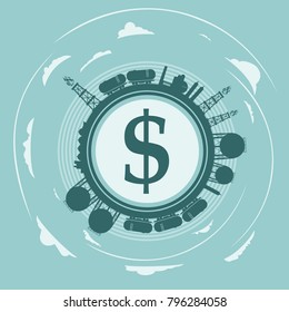 Circle with energy relative silhouettes. Objects located around circle. Dollar sign in the center of circle. Modern brochure, report or leaflet design template.