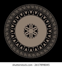 Circle european border frame with arabesque, floral elements. Classic Greek gold round ornamental plate. Byzantine. Decoration of European palace, for round surface, textile, embroidery, porcelain