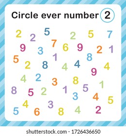 Circle every number 2. Exercises for children. Worksheet for kindergarten and preschool. Trainingcount numbers. Vector illustration