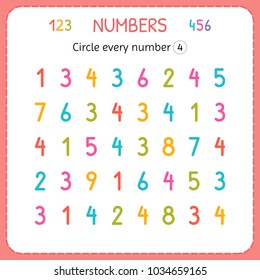 Circle every number Four. Numbers for kids. Worksheet for kindergarten and preschool. Training to write and count numbers. Exercises for children. Vector illustration