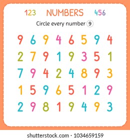 Circle every number Nine. Numbers for kids. Worksheet for kindergarten and preschool. Training to write and count numbers. Exercises for children. Vector illustration