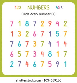 Circle every number Seven. Numbers for kids. Worksheet for kindergarten and preschool. Training to write and count numbers. Exercises for children. Vector illustration