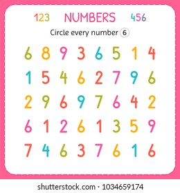 Circle every number Six. Numbers for kids. Worksheet for kindergarten and preschool. Training to write and count numbers. Exercises for children. Vector illustration