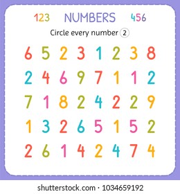 Circle every number Two. Numbers for kids. Worksheet for kindergarten and preschool. Training to write and count numbers. Exercises for children. Vector illustration