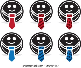 Circle face with different colored suit and ties 
