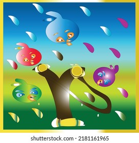 circle faces cartoon  bird with different movement in the summer environment .