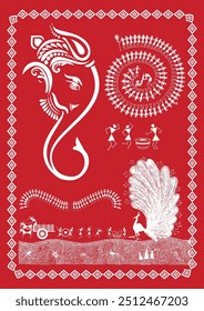 Circle of Faith: A Serene Warli Artwork of Ganpati Puja. Warli Ganpati festival, Warli Krishna painting, Indian folk art Ganpati, Warli religious art, Festival painting. 