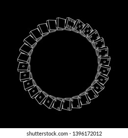 Circle of falling dominoes. Isolated on black background. Vector outline illustration. Top view.