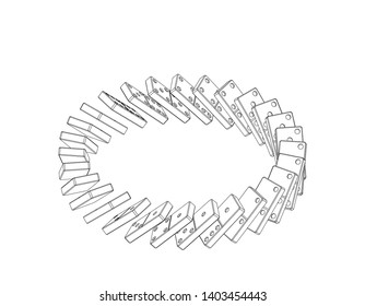 Circle of falling dominoes. Isolated on white background. Vector outline illustration. Isometric projection.