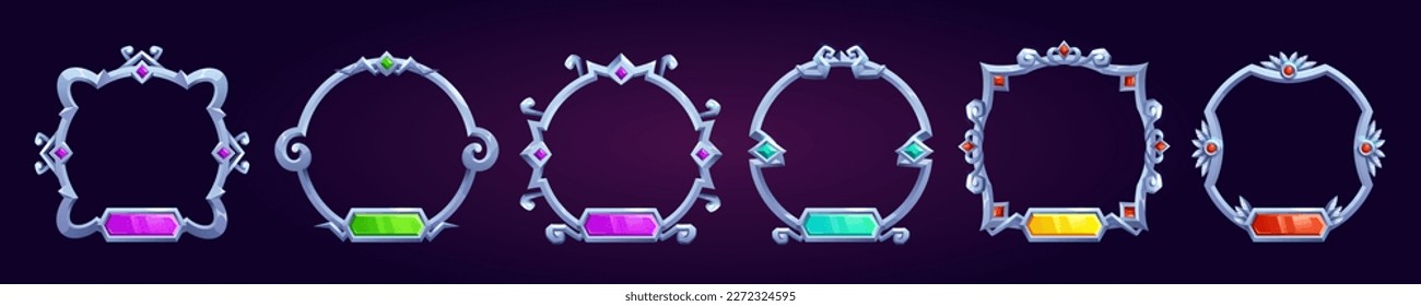 Circle Fantasy Game Nutzer Avatar Grenze Set für rpg Spiel. Silver mittelalterlicher ui Rahmen in Vektorgrafik für Sieger Icon Design auf dunklem Hintergrund. Antike Ornamente sind für die Namensvorlage ein wertvolles Objekt.