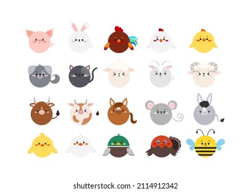 Circle farm animal cute faces game icon set. Cartoon round shape kawaii avatar kids character sticker collection. Vector flat clip art illustration for mobile ui game application.