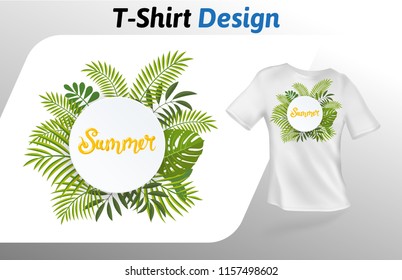 Circle of fern leaves with word summer in the middle t-shirt print. Colorful mock up t-shirt design template. Vector template, isolated on white background.