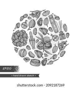 Círculo lleno de almendras, perfumes, aceites esenciales, flores y cosméticos. Ilustración botánica vectorial monocroma, esbozo de eclosión dibujado a mano.