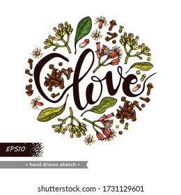 Circle Filled Branches Of A Carnation Tree With Leaves, Buds And Flowers And Lettering Clove . Detailed Hand-drawn Sketches, Vector Botanical Illustration.  For Menu, Label, Packaging Design