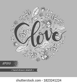 Ramas llenas de círculo de un árbol de clavel con hojas, brotes y flores y canto con letras. Esbozos detallados dibujados a mano, ilustración botánica vectorial.  Para el diseño de menú, etiqueta y empaquetado