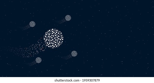 A circle filled with dots flies through the stars leaving a trail behind. Four small symbols around. Empty space for text on the right. Vector illustration on dark blue background with stars
