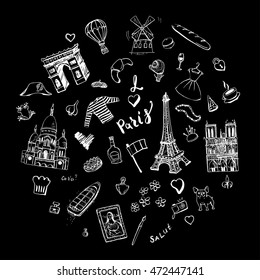 Circle filled with hand drawn doodles of famous Paris sights, food and cloth. White sketches on black background.