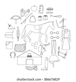 Circle filled with linear icons of equipment and care products for horses and special clothes for equestrian sport.