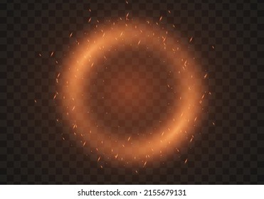 El fuego de un círculo se enciende al fondo. Fuego, humo y chispas realistas. Ilustración vectorial.