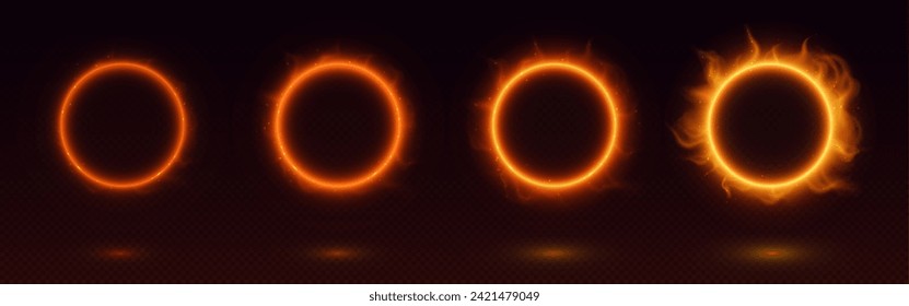 Circle fire frames set isolated on transparent background. Vector realistic illustration of round orange borders burning with flame, smoke and sparkles, magic power effect, animation sprite sheet