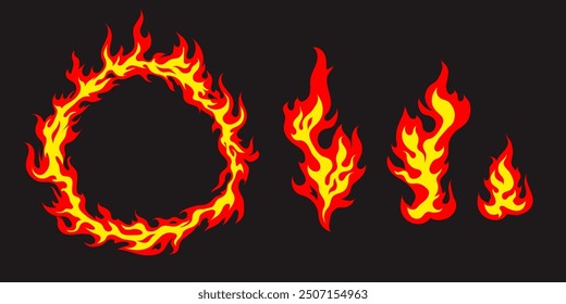 Circle of fire, ring of fire, flames in cartoon style. Set of burning round,  and elements from a red-yellow flame. The image is isolated on a black background. Vector illustration.