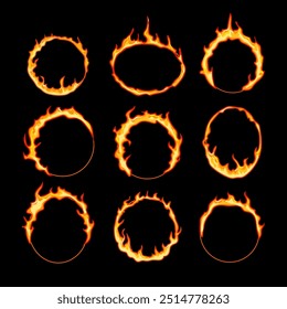 círculo fogo definir desenho animado. calor chama, queimar inferno, fumaça ignição círculo sinal de fogo. isolado símbolo vetor ilustração