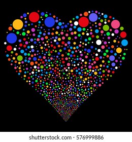 Circle fireworks with heart shape. Vector illustration style is flat bright multicolored iconic symbols on a black background. Object stream combined from scattered symbols.
