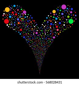 Circle fireworks stream. Vector illustration style is flat bright multicolored iconic symbols on a black background. Object double fountain made from random symbols.
