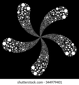 Circle Fireworks Swirl With Five Petals vector illustration. Style is white flat circles, black background.