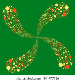 Circle Fireworks Swirl With Four Petals vector illustration. Style is orange and yellow bicolor flat circles, green background.