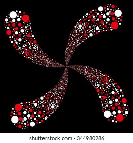 Circle Fireworks Swirl With Four Petals vector illustration. Style is red and white bicolor flat circles, black background.