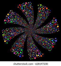 Circle fireworks swirl rotation. Vector illustration style is flat bright multicolored iconic symbols on a black background. Object whirl combined from random pictographs.