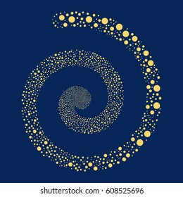 Circle fireworks swirl spiral. Vector illustration style is flat yellow scattered symbols. Object helix combined from scattered pictographs.
