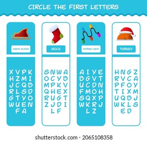 Circle the first letters of cartoon christmas. Matching game. Educational game for pre shool years kids and toddlers