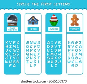 Circle the first letters of cartoon christmas. Matching game. Educational game for pre shool years kids and toddlers