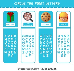 Circle the first letters of cartoon christmas. Matching game. Educational game for pre shool years kids and toddlers