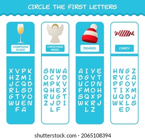 Circle the first letters of cartoon christmas. Matching game. Educational game for pre shool years kids and toddlers