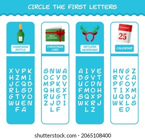 Circle the first letters of cartoon christmas. Matching game. Educational game for pre shool years kids and toddlers