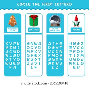 Circle the first letters of cartoon christmas. Matching game. Educational game for pre shool years kids and toddlers