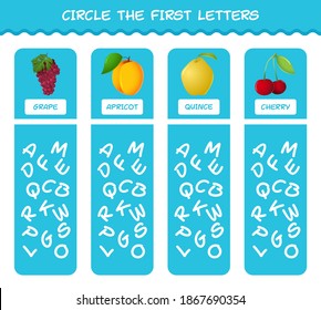 Circle the first letters of cartoon fruits. Matching game. Educational game for pre shool years kids and toddlers